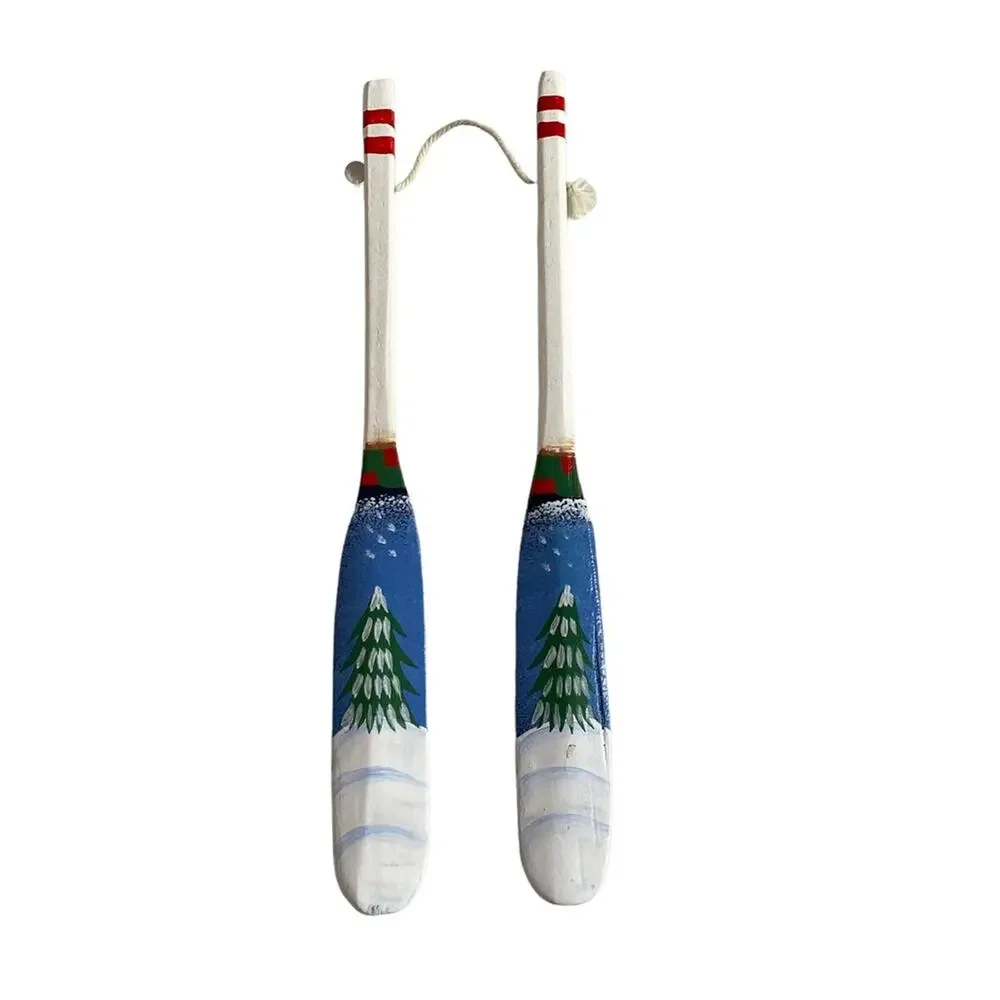 Vintage Wooden Canoe Oar Paddle Christmas Ornament Hand Painted Tree Pair Cabin